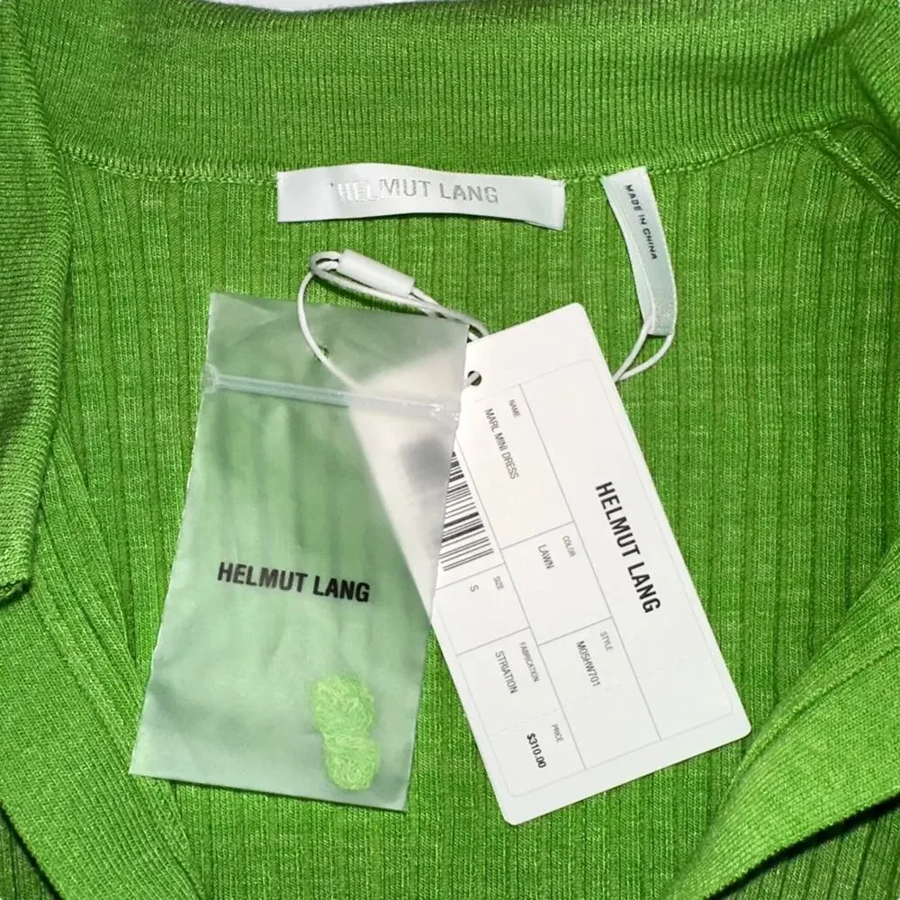 NWT Helmut Lang Marl Long Sleeve Ribbed Green Mini Dress in Lawn SMALL